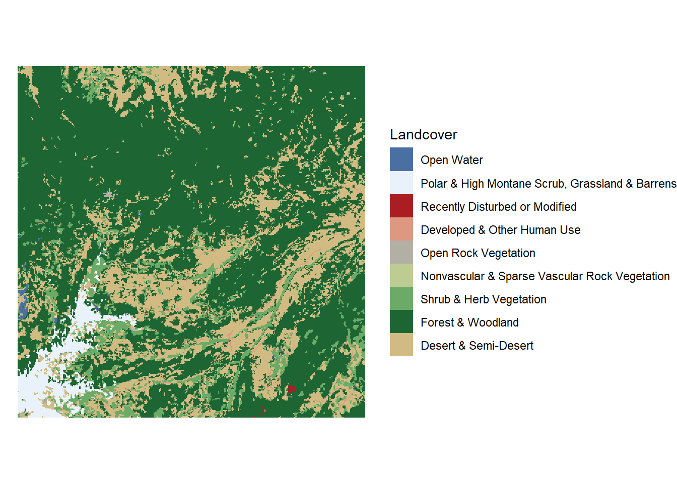 Map showing a raster with discrete values (land cover)