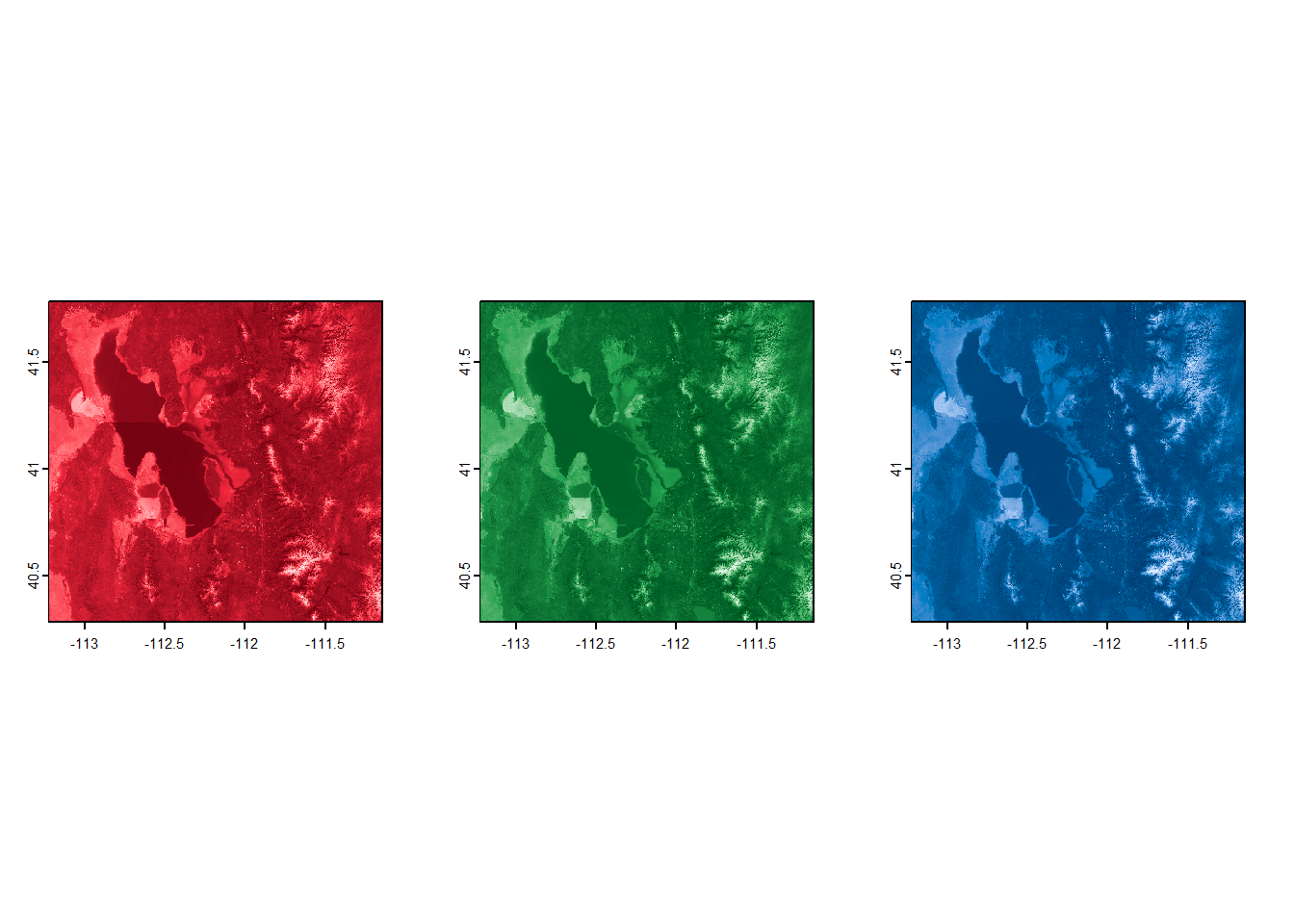 Plotting a single band of a satellite image will only show the individual values of RGB