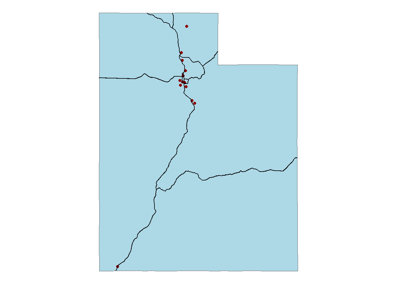 Figure demonstrating points (major Utah cities), polylines (major Utah highways), and polygons (shape of Utah boundary)