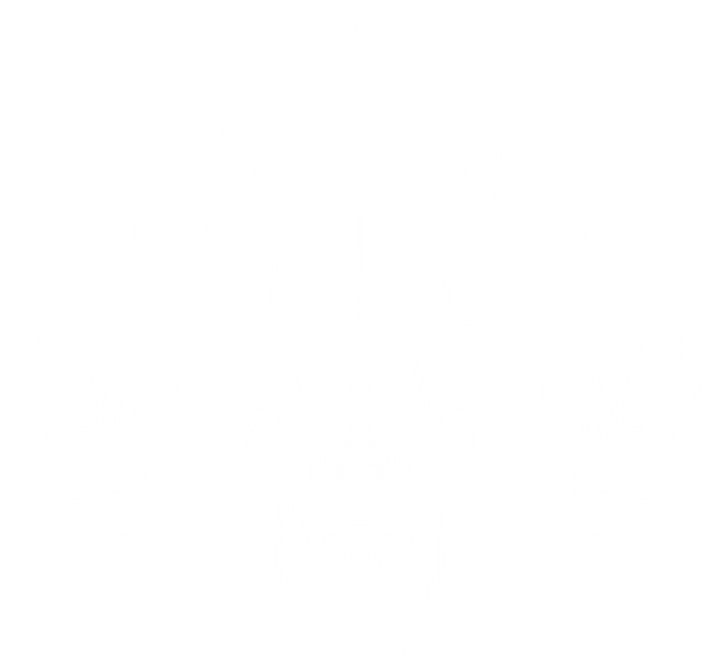outline in white of a front-facing coyote skull surrounded on both sides by two branches of a plant